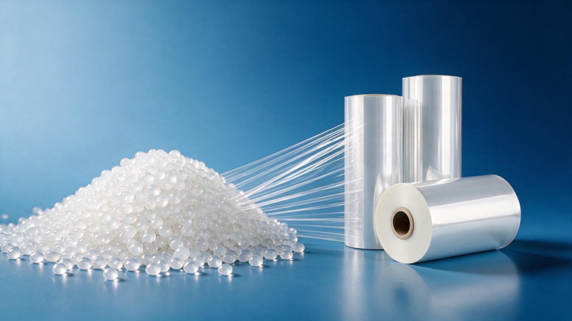 Recycled PE granules drawn into transparent film rolls