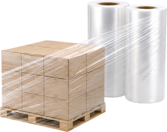 Pallet wrapped in recycled stretch film beside PCR film rolls