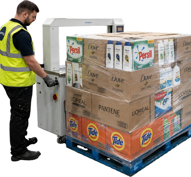 FMCG products wrapped on a pallet with a strapping machine